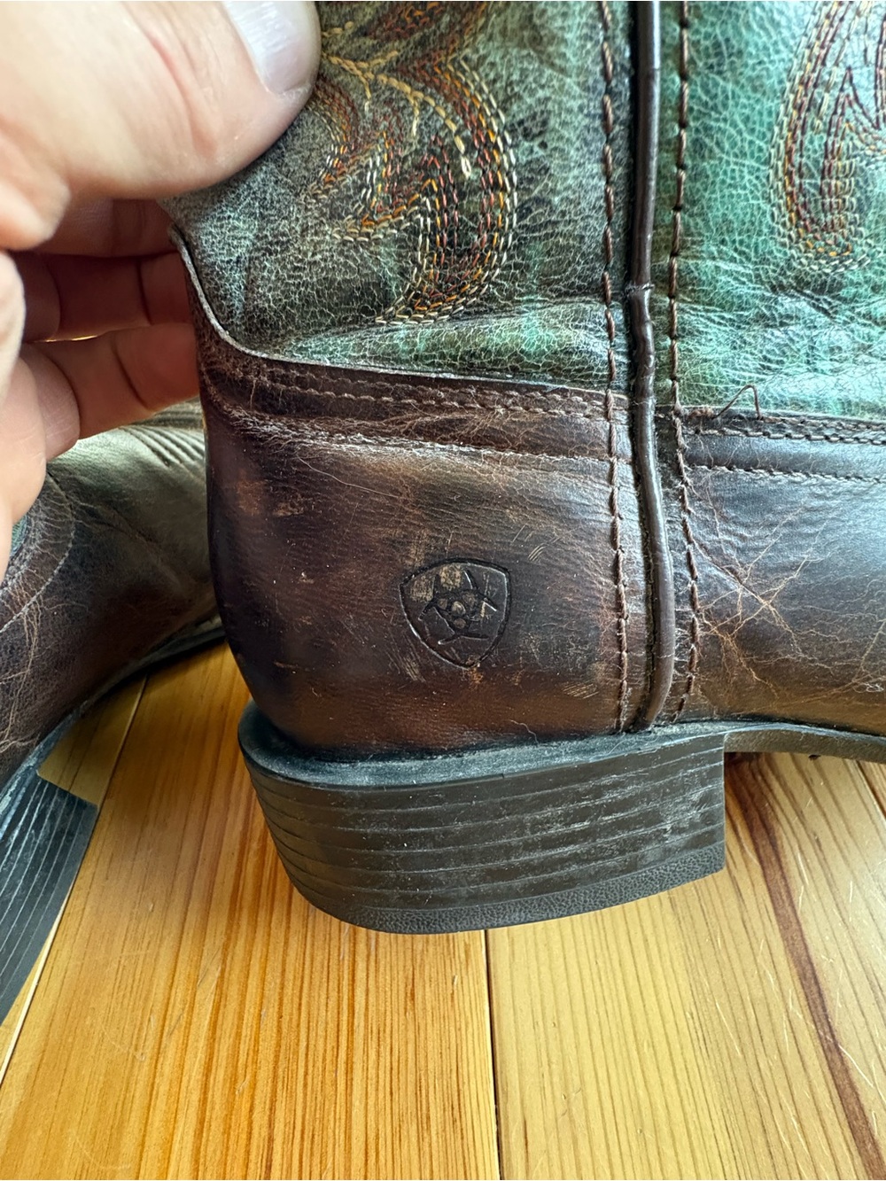 Ariat Brown Leather Western Boots with Teal Embroidered Shaft - Picture 4 of 6